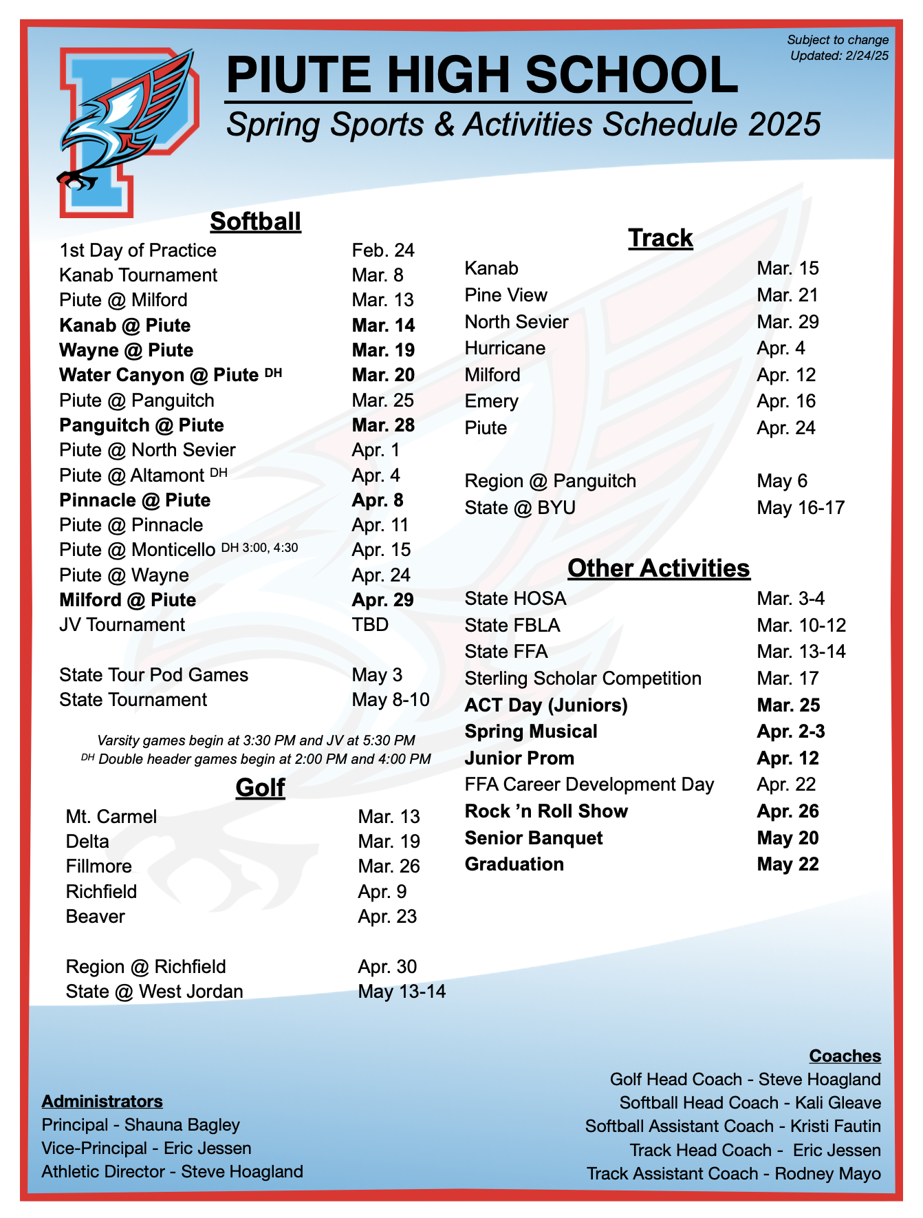 Spring Sports Calendar 2025